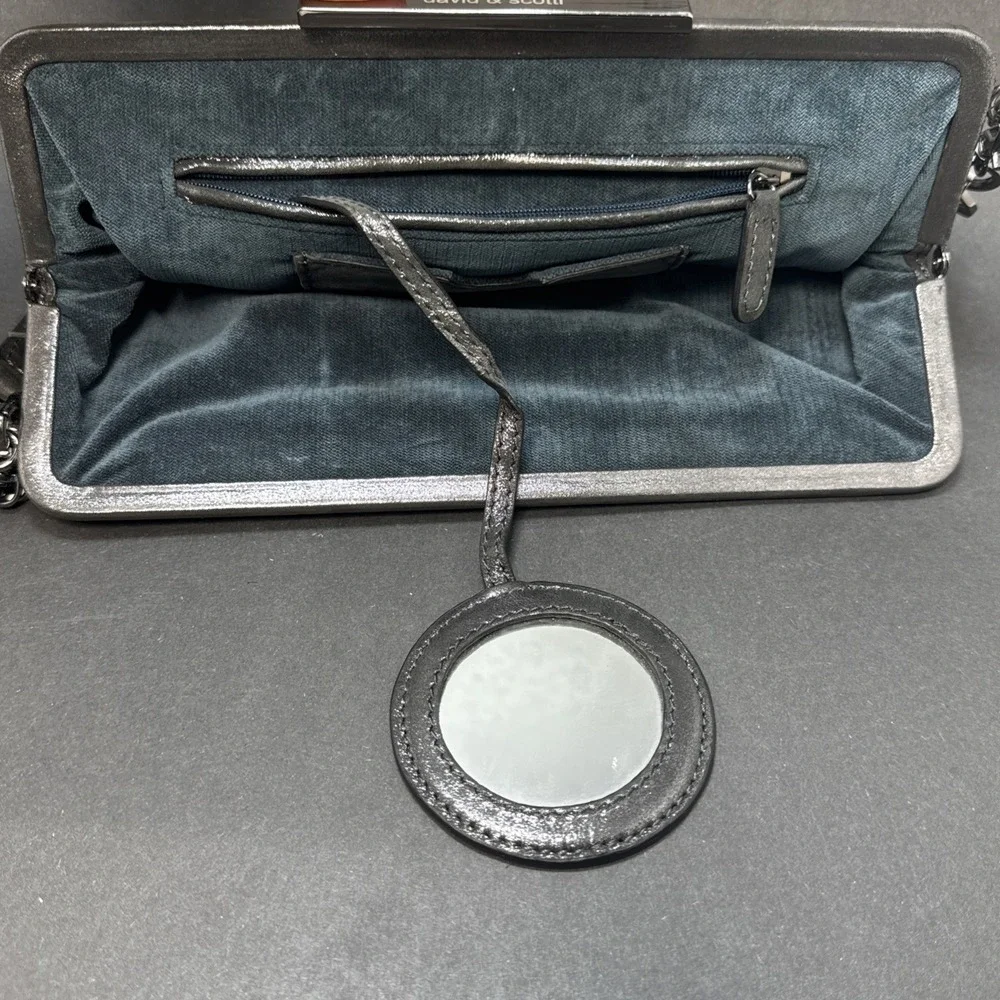 David & Scotti Metallic Gray Shoulder Fringe Metal Handle Handbag Purse w Mirror